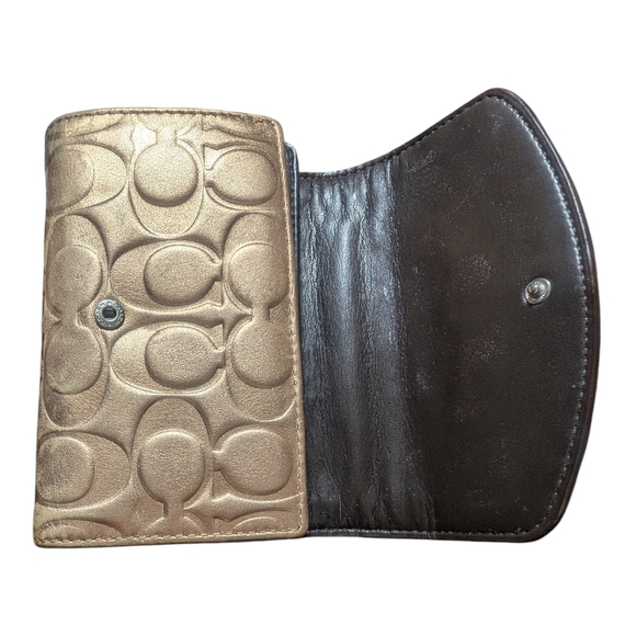 Metallic Gold Coach Embossed Trifold Wallet - Picture 3 of 16